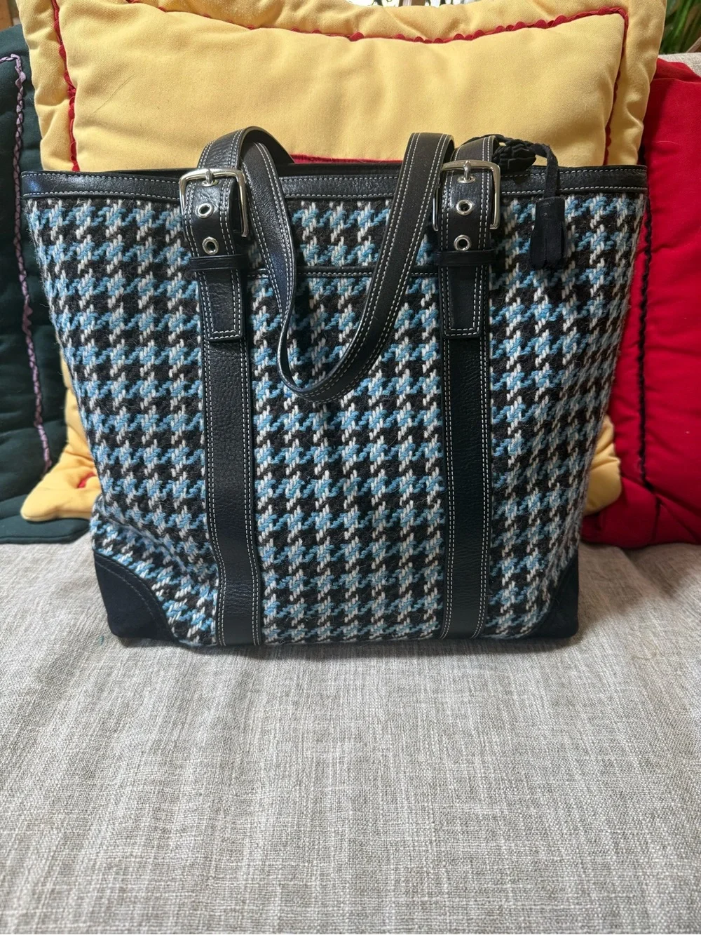 Houndstooth Pattern Tote Bag with Black Leather Trim